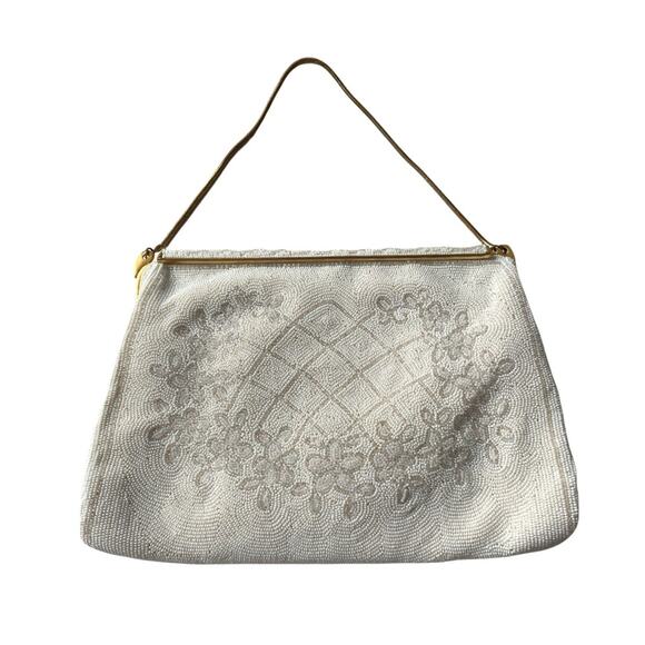 Vintage 1950s Handmade Beaded Bag White Floral Gold Hardware Bridal Wedding EUC - Picture 1 of 16